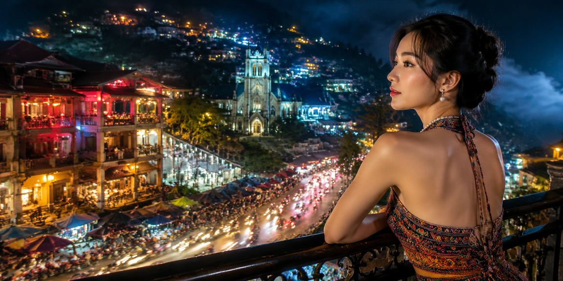 Cảnh sắc buổi tối Sapa với ánh đèn neon khu vực cá cược trực tuyến